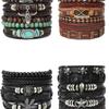 Retro Handmade Men's Woven Leather Bracelet with Bull Head & Feather Decor.