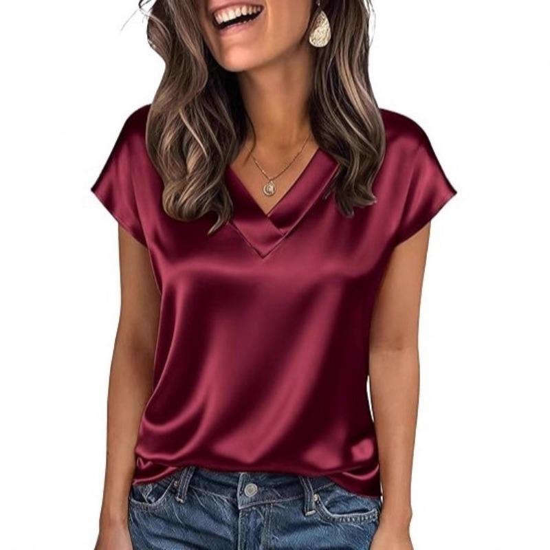 Damska koszulka Wiosna i Lato Jednolity Kolor Biznesowe Top V-neck Casual Luźne Damskie Koszulki Moda Prosty Elegancki Satynowy Biurowy Damski T-shirt
