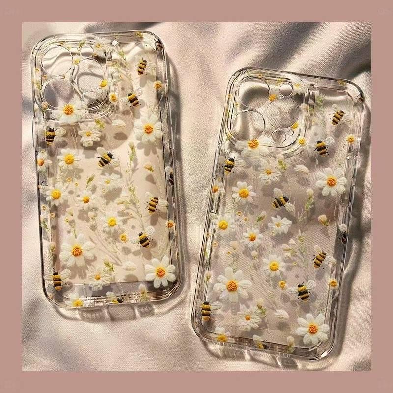 Bee daisy pattern transparent phone case suitable for iPhone17 16 15 14 13 12 11Pro/Max/Plus anti drop and shockproof back cover