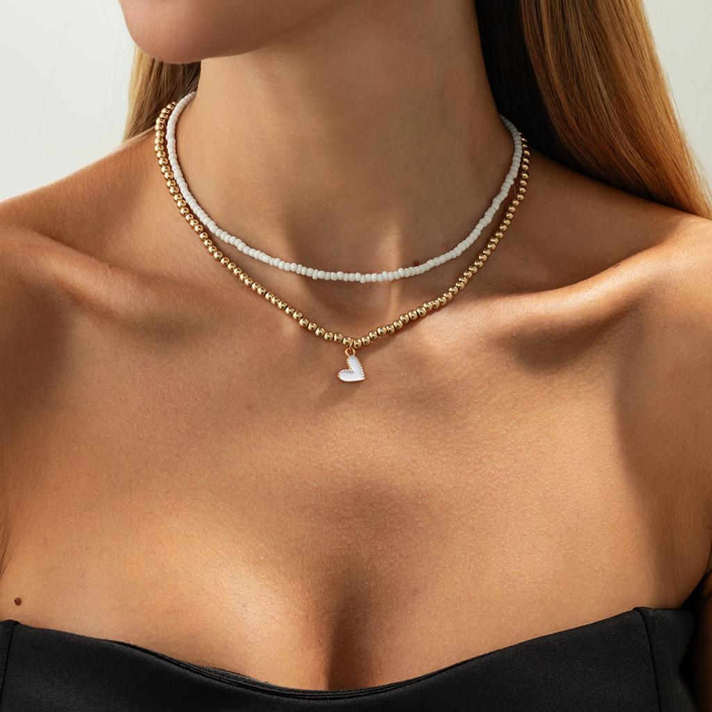 Light Luxury Niche Metal Oil Drop Love Pendant Necklace, Simple Ccb Beads Stacked Collarbone Necklace