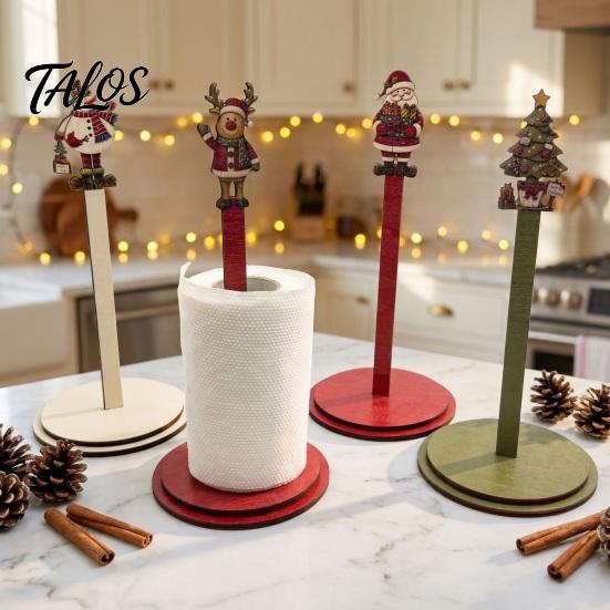 Holiday Kitchen Decor Christmas Wooden Paper Towel Holder, 2D Roll Dispenser with Snowman Countertop Organizer Santa Patterns, Decorative Tissue Stand