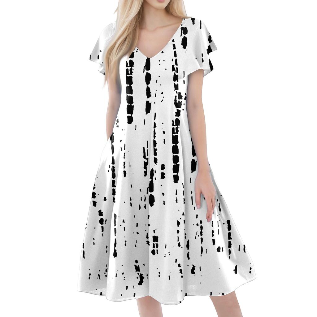 Women's Casual Fashion V-neck Short Sleeve Print Dress With Pockets