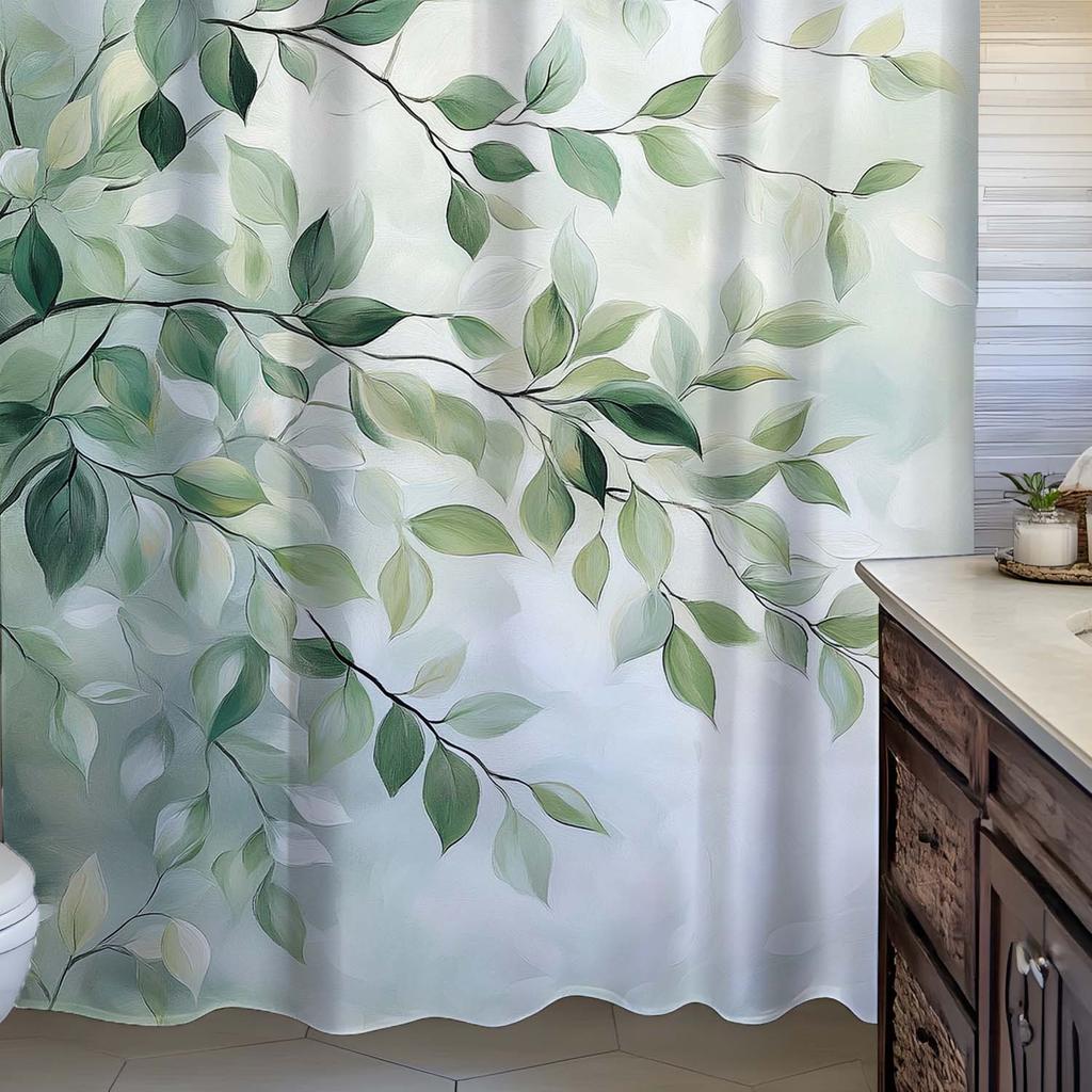 Open one piece retro simple green leaf print shower curtain with hook, machine washable, suitable for bathroom decoration