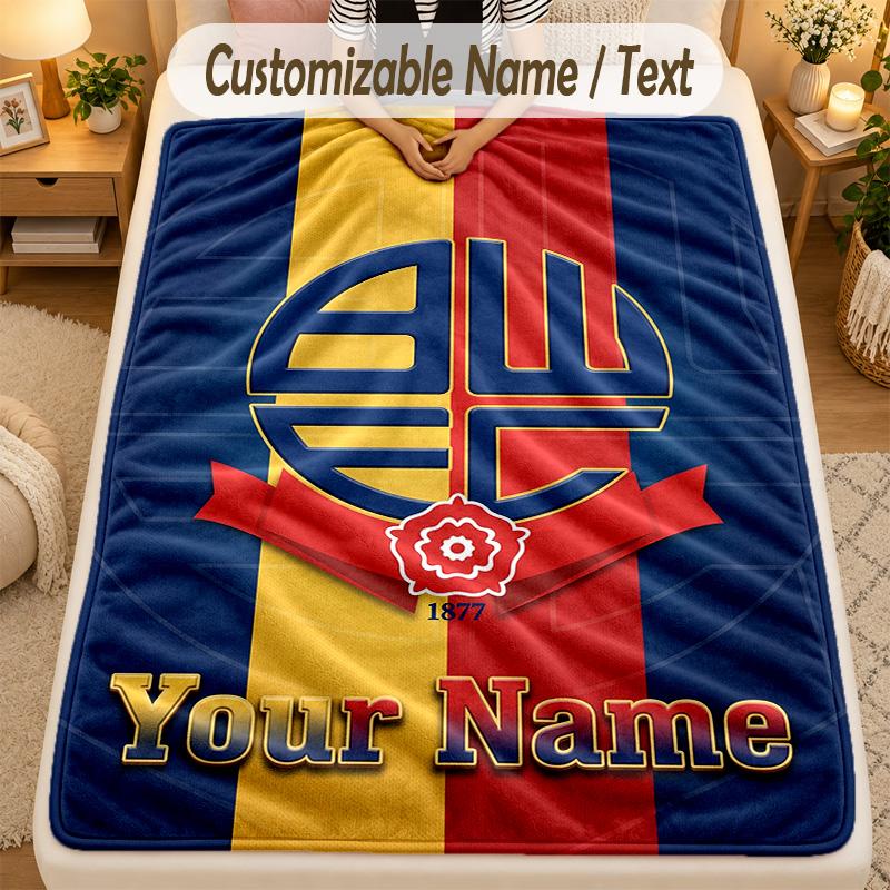 Flannel BlanketBolton Wanderers FC Custom Name Text Personalized Soft Warm Throw Blanket Home Decor Gift