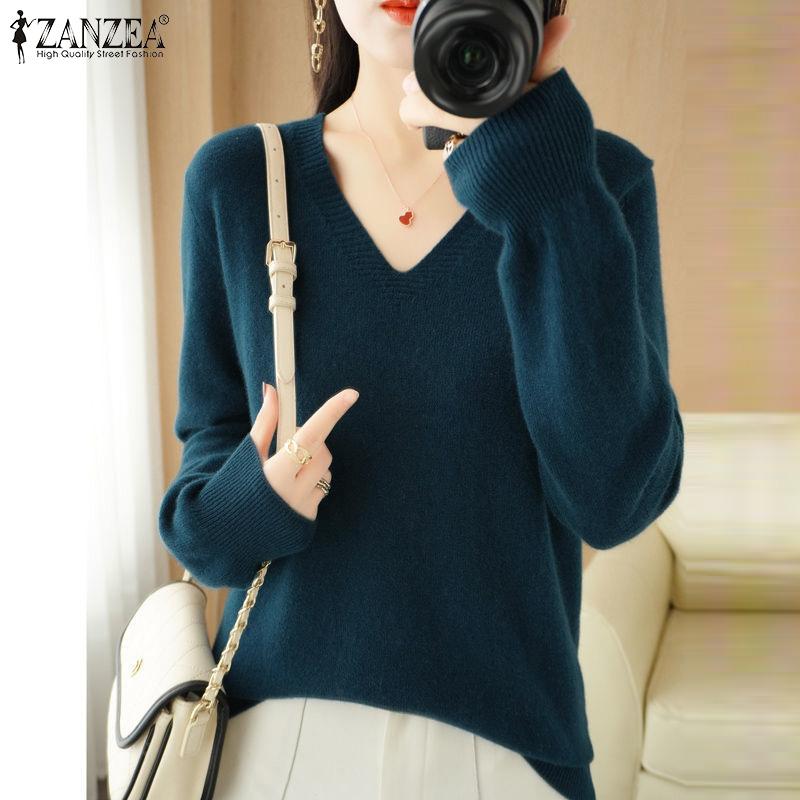 ZANZEA Autumn Spring Women V Neck Long Sleeve Stretch Casual Knitwear Sweater Undershirts