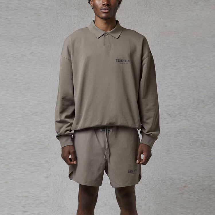 Fear of God Essentials FW20 Long Sleeve Polo Shirt with Letter Logo Unisex Tops Taupe FOG-FW20-355