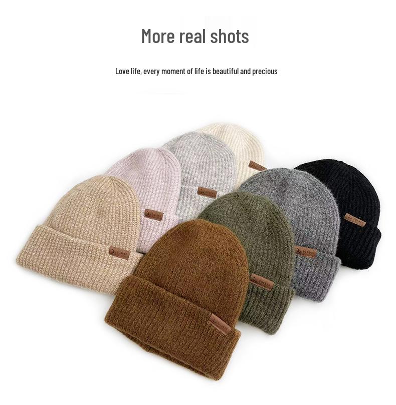 Korean Style Thick Knit Wool Hat for Men & Women - Windproof, Warm, Double Layered, Large Head, Autumn/Winter, Solid Color.