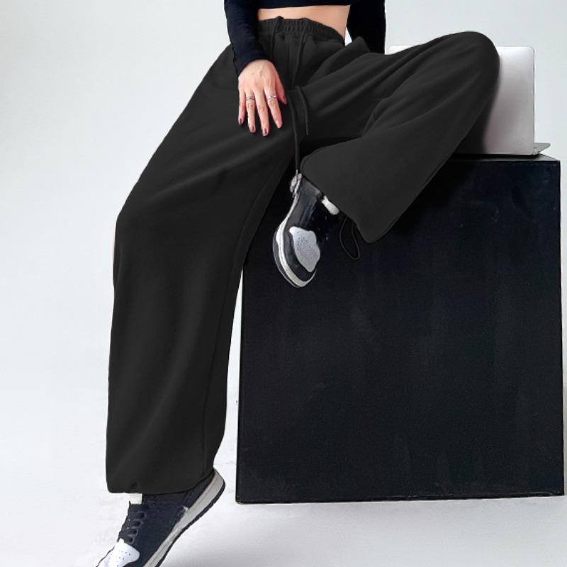 Autumn Sports Casual Loose Wide Leg Pants Women Fashion Solid Elegant High Waist Trousers Women Simple Straight Drawstring Office Ladies Trouser 25681