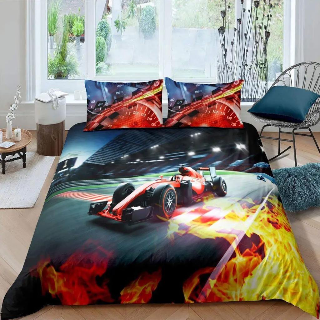 3D Rennsport Daunendecken-Set Groß Jungen Schlafzimmer Steppdecken-Set Dreiteiliges Set