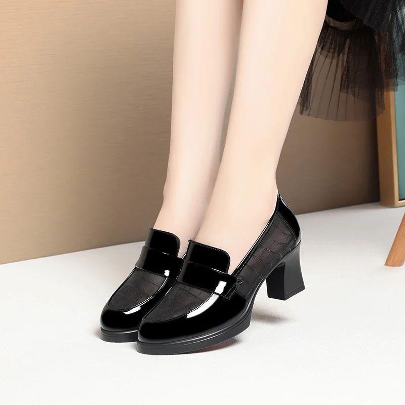 British Style Summer Single Shoes High Heels Waterproof Platform Thick Heel Loafers Mesh Breathable Middle-Aged Leather Shoes