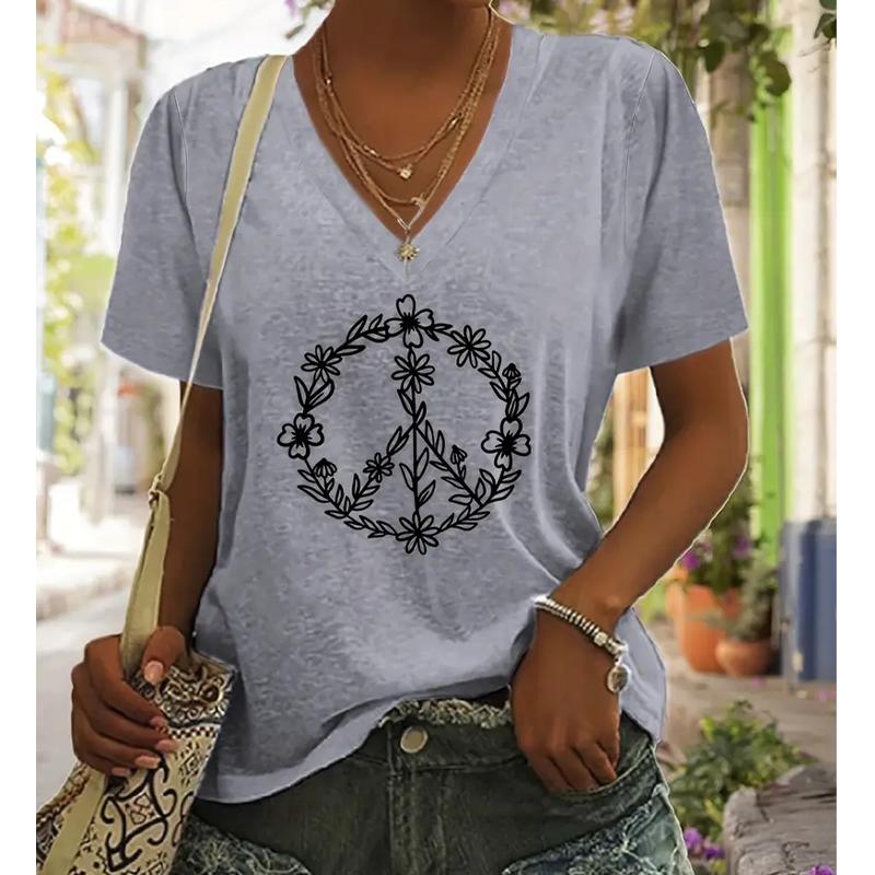 Mode Kranz Malerei Blusen Kurzarm V-Ausschnitt T-Shirts Lässig