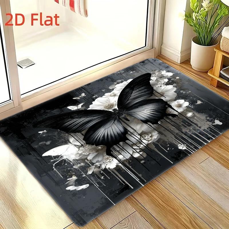 

Плоский современный минималистичный черно-белый коврик из фланели с принтом бабочек и цветов, мягкий нескользящий коврик для гостиной, спальни 40cm x 60cm