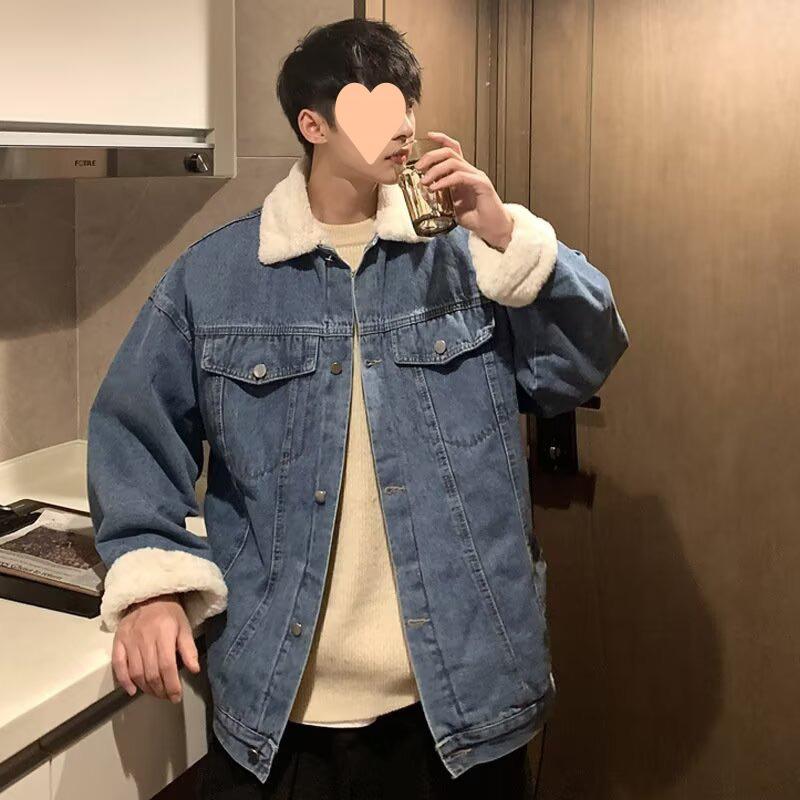 Jeansjacke Herren Sherpa Herbst und Winter Plus Samt Verdickt Warme Baumwolljacke Locker und Schön Koreanischer Stil Trendige Partnerjacke