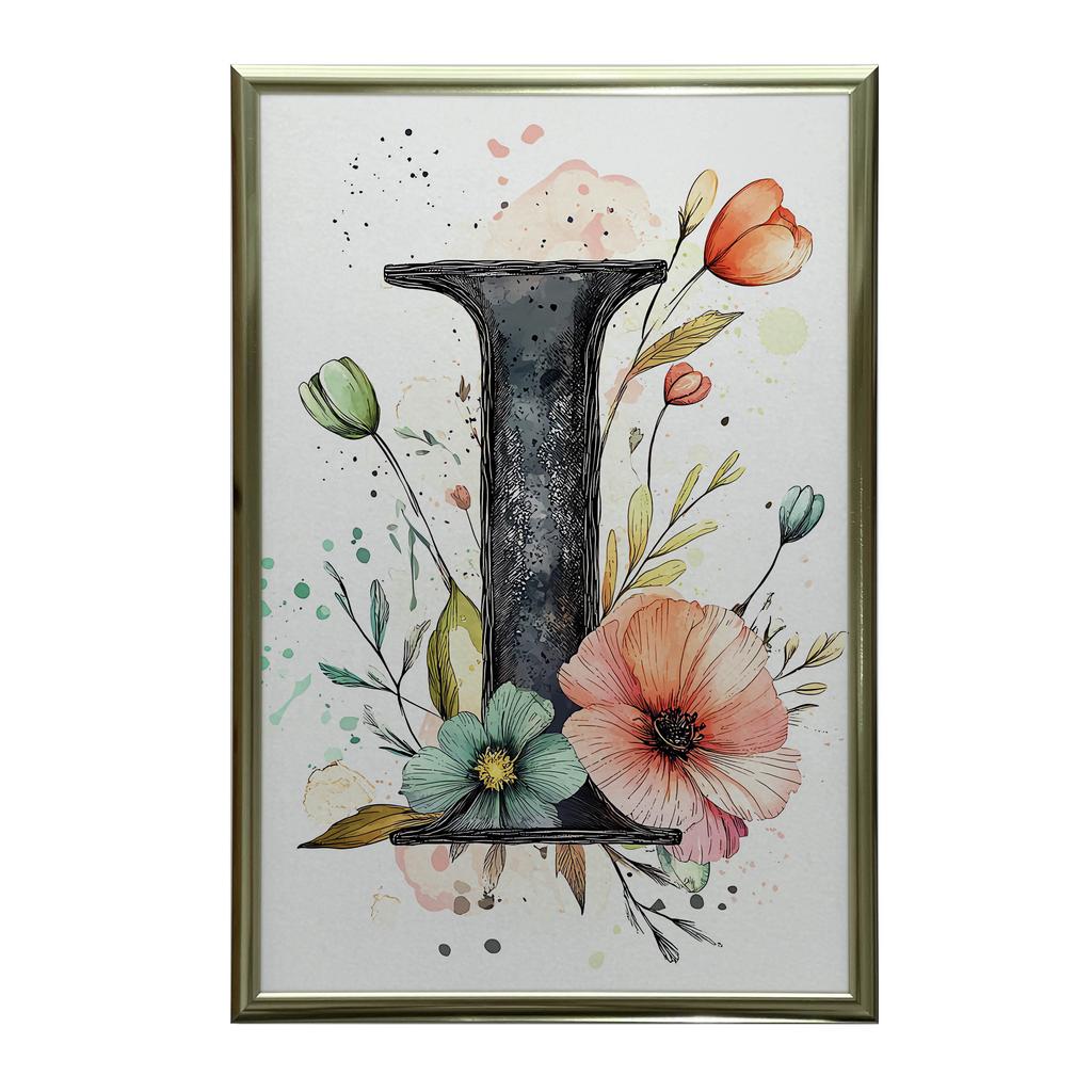 Plakat Litera "I" Z Kwiatami Plakat Litera "I" Z Kwiatami, 30X40 Cm, Rama Drewniana Ciemny Brąz, Papier Matowy 230 Gsm