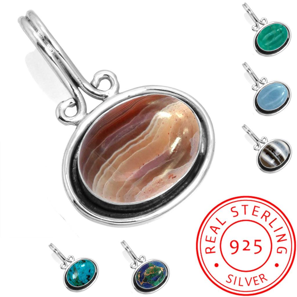 925 Sterling Silver Pendant Women Handmade Jewelry Valentine's Day Gift Amazonite Angelite Blue Opal Botswana Agate Mohave Azurite Chrysocolla