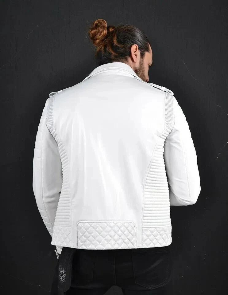 Pánská bílá bunda kožená ručně šitá motorkářská motocyklová měkká pravá jehněčí kůže stylové nošení