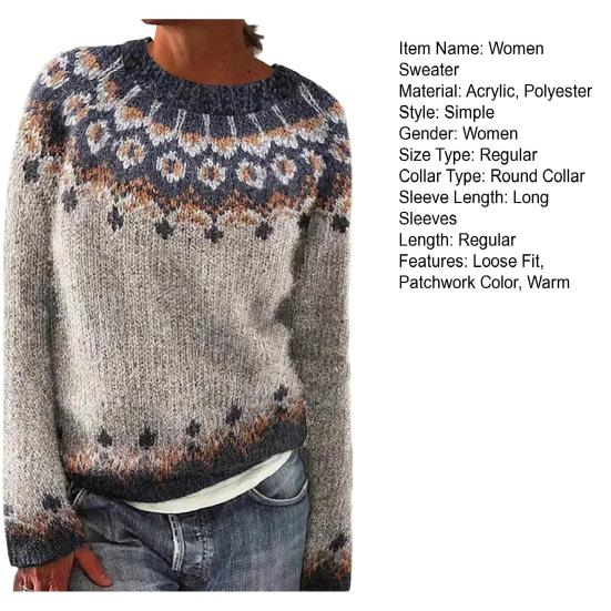 Women Sweater Round Neck Long Sleeve Patchwork Color Knitting Tops Loose Hem Printed Knitwear Winter Wear