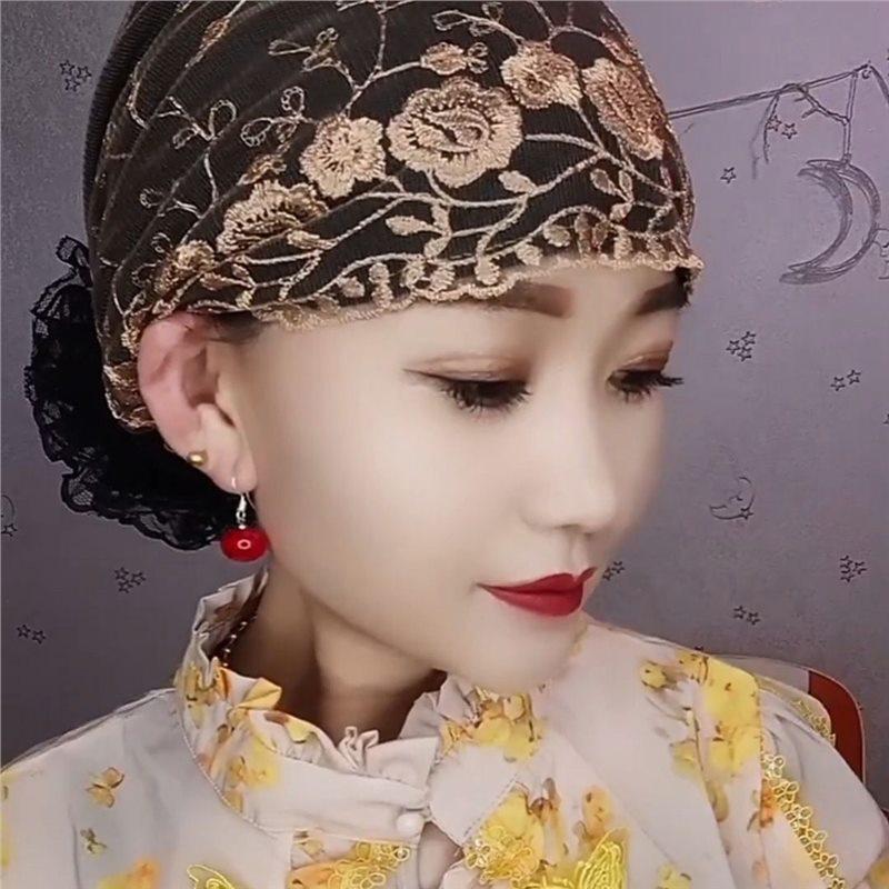 Breathable Floral Embroidery Lace Turban Cap for Women