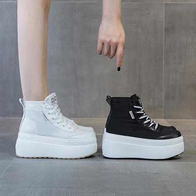 Mode 8cm Cuir Véritable Naturel Plateforme Compensée Décontracté Baskets Chunky Femmes Lacets Bottines Cheville Printemps Automne Mocassins Chaussures