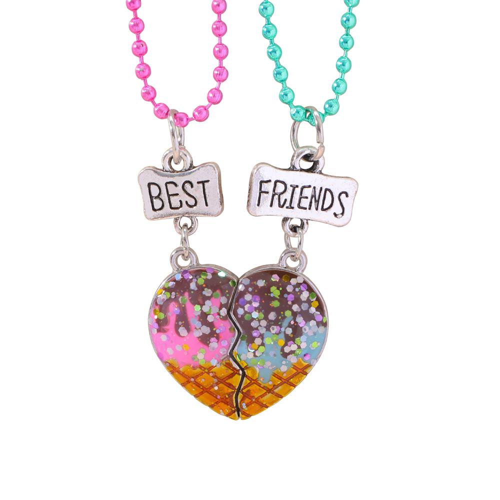 Set di 2 Collane con Ciondolo a Mezzo Cuore Colorato Catena con Perline Fascino Migliori Amici Choker Gioielli BFF Per Bambini Amicizia