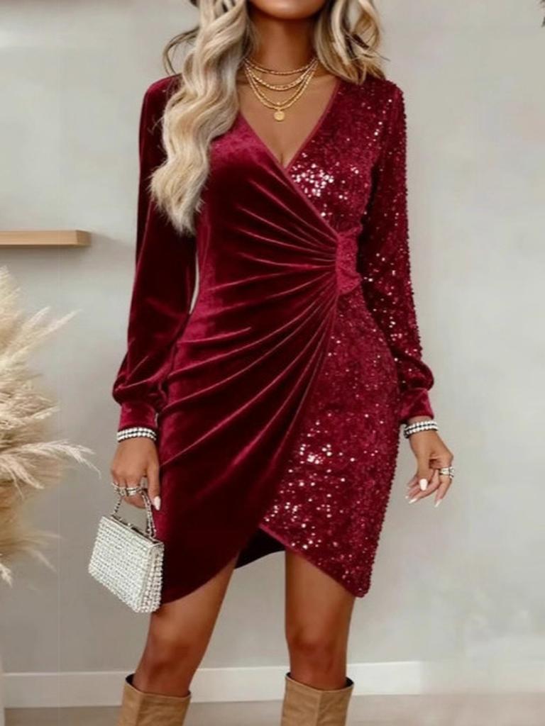 Neues Sexy Mode V-Ausschnitt Glitzer Seide Raffung Schmal Geschnitten Damenkleid