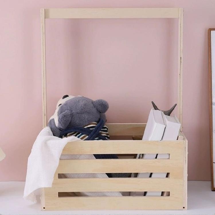 Wooden Baby Clothes Organiser Basket Easy Assembly Long Handle Wood Storage Crate Handmade Gift For New Parents