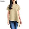 ZANZEA Women Casual Round Neck Short Sleeve Asymmetrical Hem Blouse