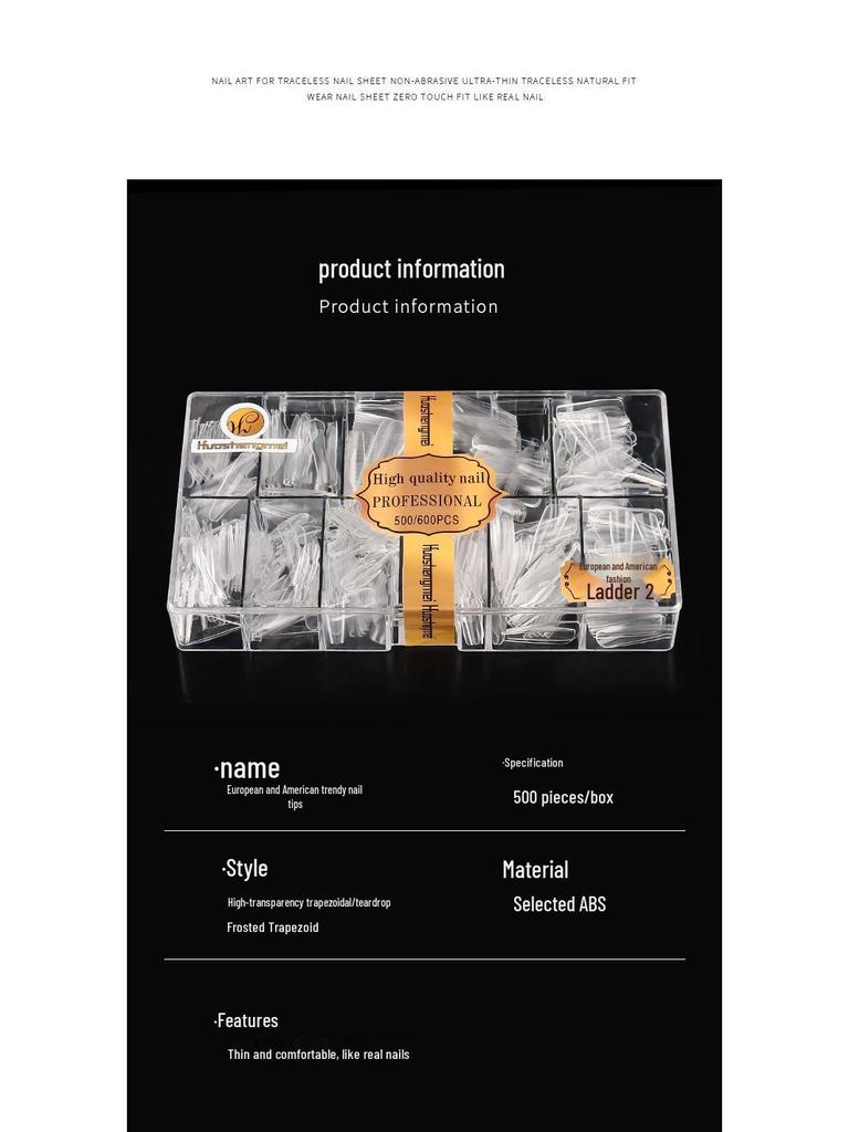 European & American Frosted Long Trapezoid Seamless Abrasive Nail Tips - Full & Single Numbers for Nail Salons