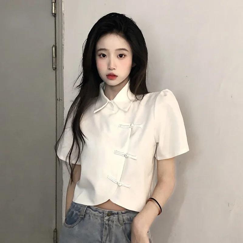 Chinese Style Shirts Women Modern Crop Pure Summer All-match Sweet Girl Irregular Fashion Lady Elegant Thin