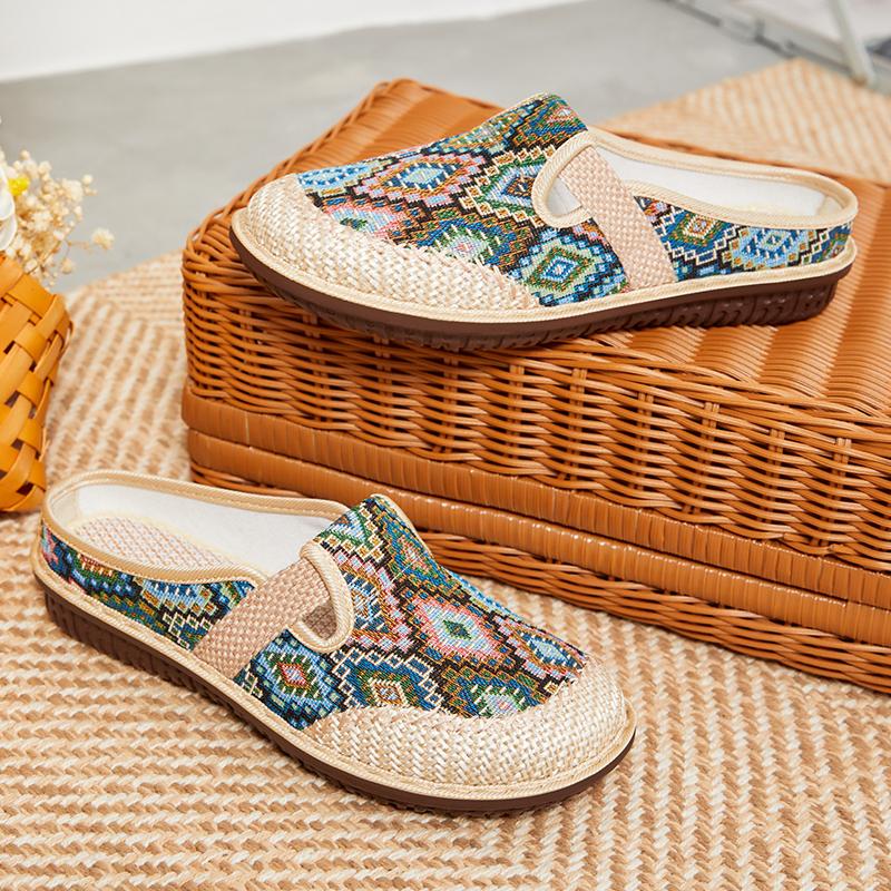 CRLAYDK Retro 2024 Summer Women's Bohemian Woven Casual Shoes Slip On Travel Slides Flats Lady Home Outdoor Walking Sneakers