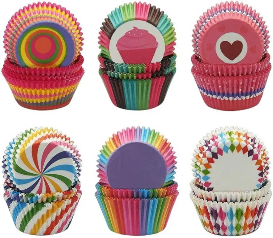 Cake Topper, Pastry Decoration Tool, Kitchen Accessories, Rainbow Cake Paper Lining, Cup Cake, Baking Pan, Muffin Box, 100Pcs