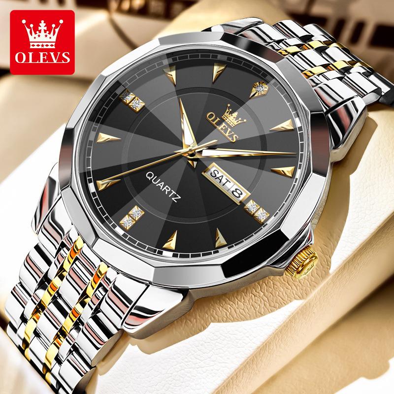 OLEVS Fashion Classic Dual Calendar Quartz Watch For Men Rhombus Mirror Luxury Wristwatch Waterproof Original Man Watches
