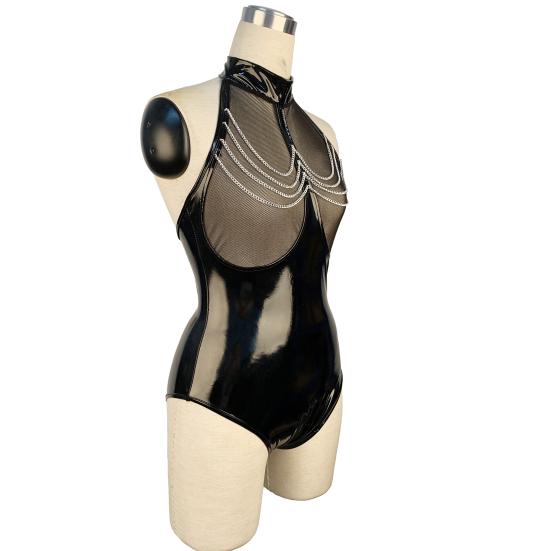 Nadměrná velikost Trendy Pohodlné ženy Umělá lesklá kůže Prsa Zip Bez rukávů Síťovaná sexy body v rozkroku
