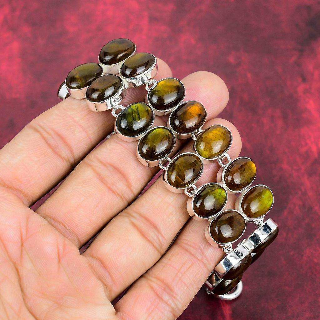 Yellow Flash Labradorite Bracelet, 925 Solid Sterling Silver Gemstone Jewelry, Handmade Bracelet For Mother Day