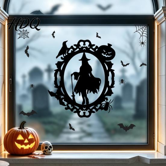 Reusable Festival Decor Halloween Static Window Clings Skeleton Witch Pumpkin Bat Silhouette Glass Stickers Outdoor Murals Removable Decals