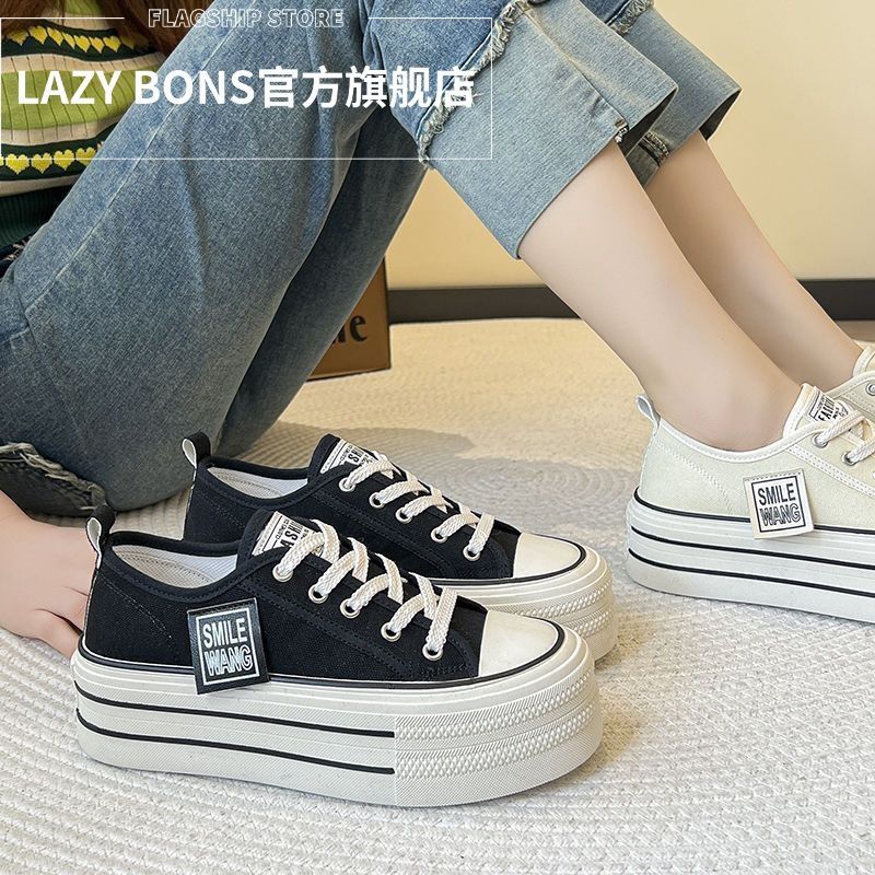 Platform Canvas Shoes Women's 2025 Spring and Summer New Korean Version Small Height Increase Lace-up Low-top Board Shoes Popular White Shoes