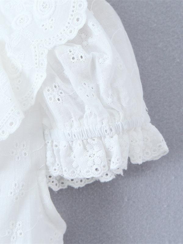 Chemise Blanche à Manches Bouffantes et Col en Dentelle - Haut Rétro pour Femme à Boutonnage Simple, Brodé et Cintré à la Taille