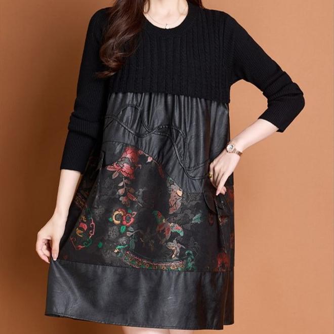 Autumn Winter Women's Sweater Dress Knitted Patchwork PU Leather A-Line Dress Plus Size Knitted Dress