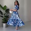 2025 Bohemian Graffiti Puff Sleeve Backless Waist-Cinching French Style Long Dress for Women