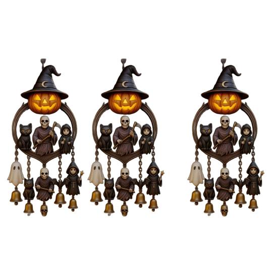 Halloween Gothic Wind Chime Spooky Bell Chime with Pumpkin Lantern Grim Reaper Ghost Black Cat for Porch Window Home Decor