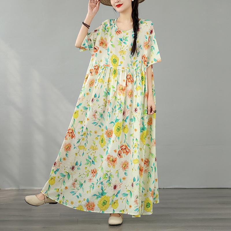 DIMANAF New 2026 Plus Size Spring Long Dress Women Summer Beach Loose Oversize Maxi Floral Print Vintage