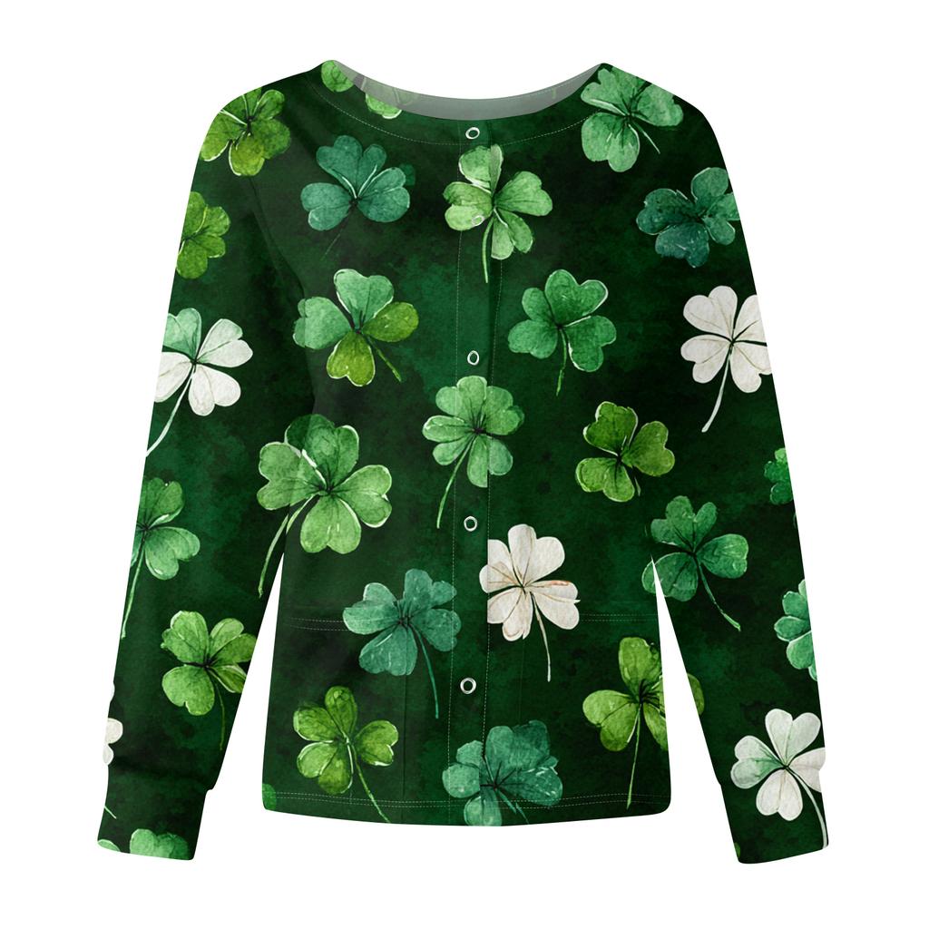 Damen Casual Mode Langarm Stehkragen Einreiher St. Patrick's Day Print Arbeitsjacke Tops