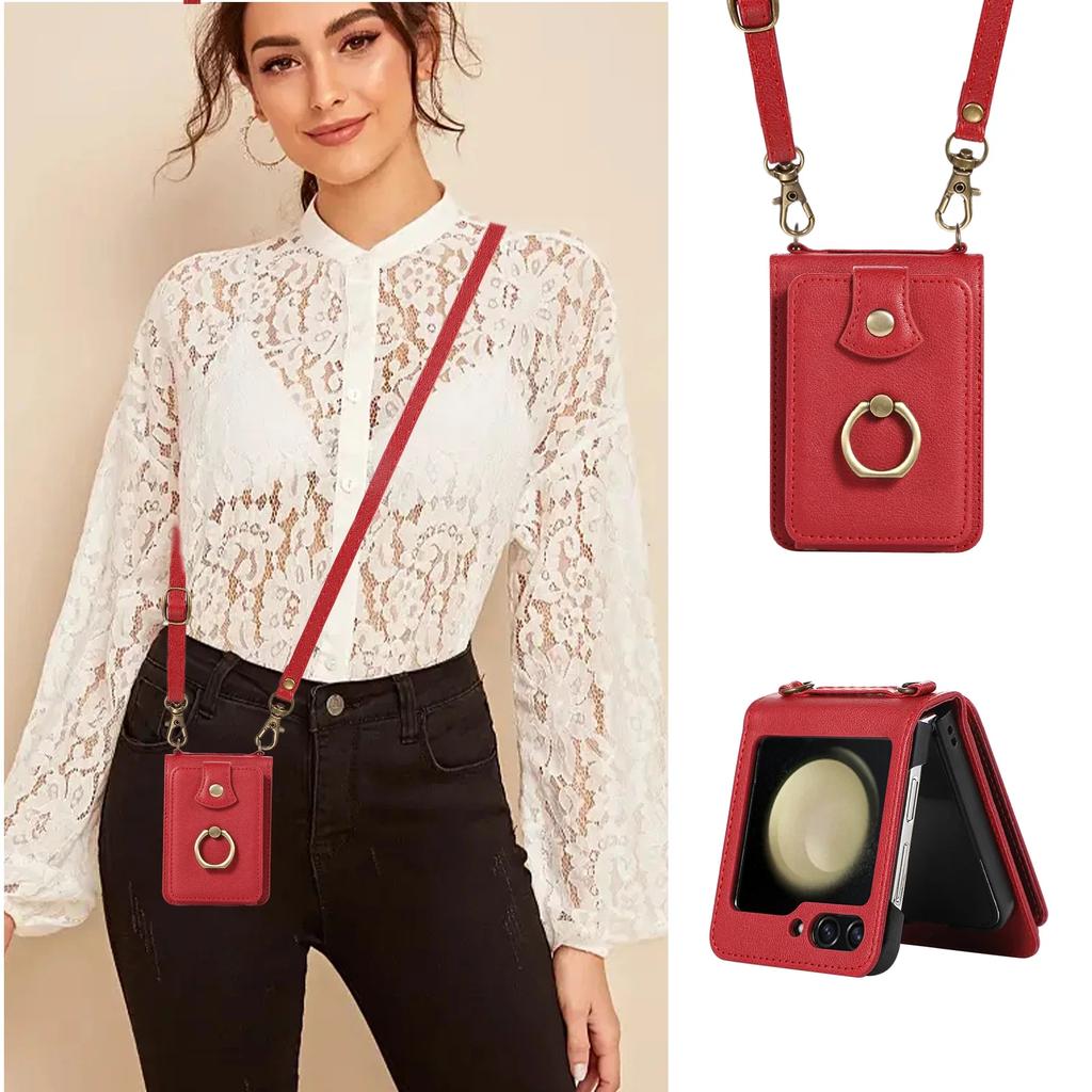 Crossbody Leather Cards Solt Wallet Bag Case For Samsung Galaxy Z Flip 7 6 5 4 5G Flip5 Finger Ring Holder Lanyard Pocket Cover