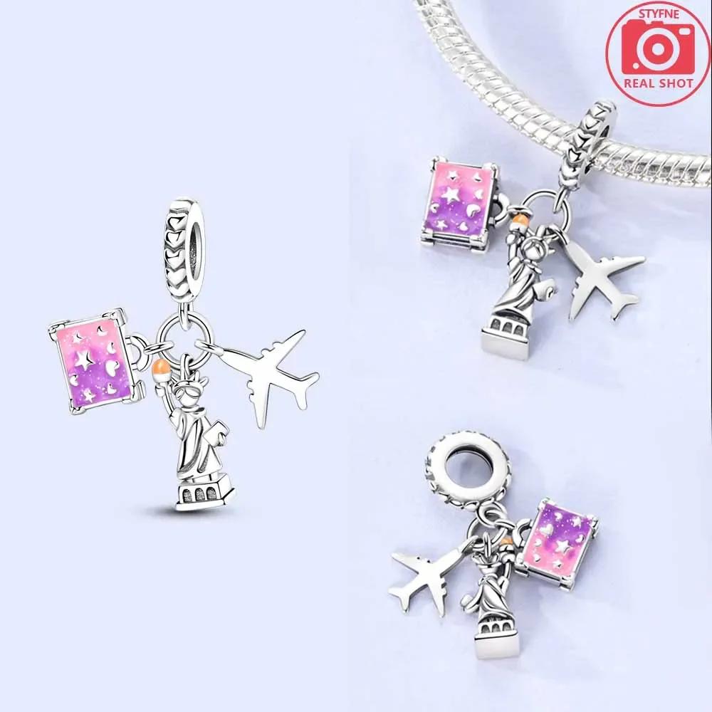 

Aeroplane Charms Pink Stars Moon Travel Box Statue Of Liberty Beadsfit Copper Bracelet Necklace Diy Women Phone Charms