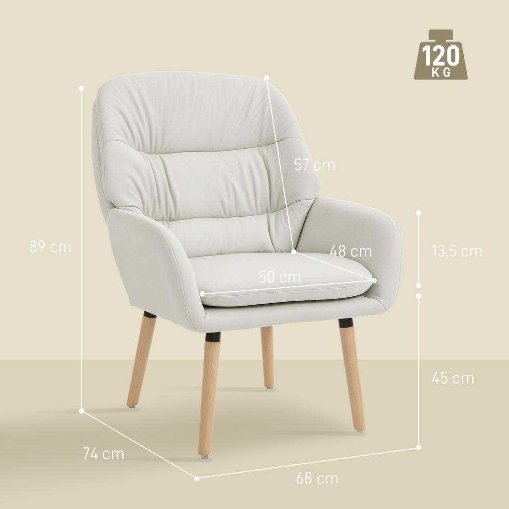 Living Room Armchair, Double Padded, Faux Leather, Wooden Legs, 68 x 74 x 89 cm, Cream
