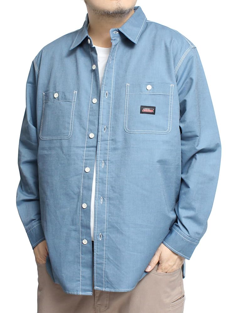 GENUINE DICKIES Men's Plus Size Patch Logo Long Sleeve Oxford Work Shirt, Size 5L, Blue (61)