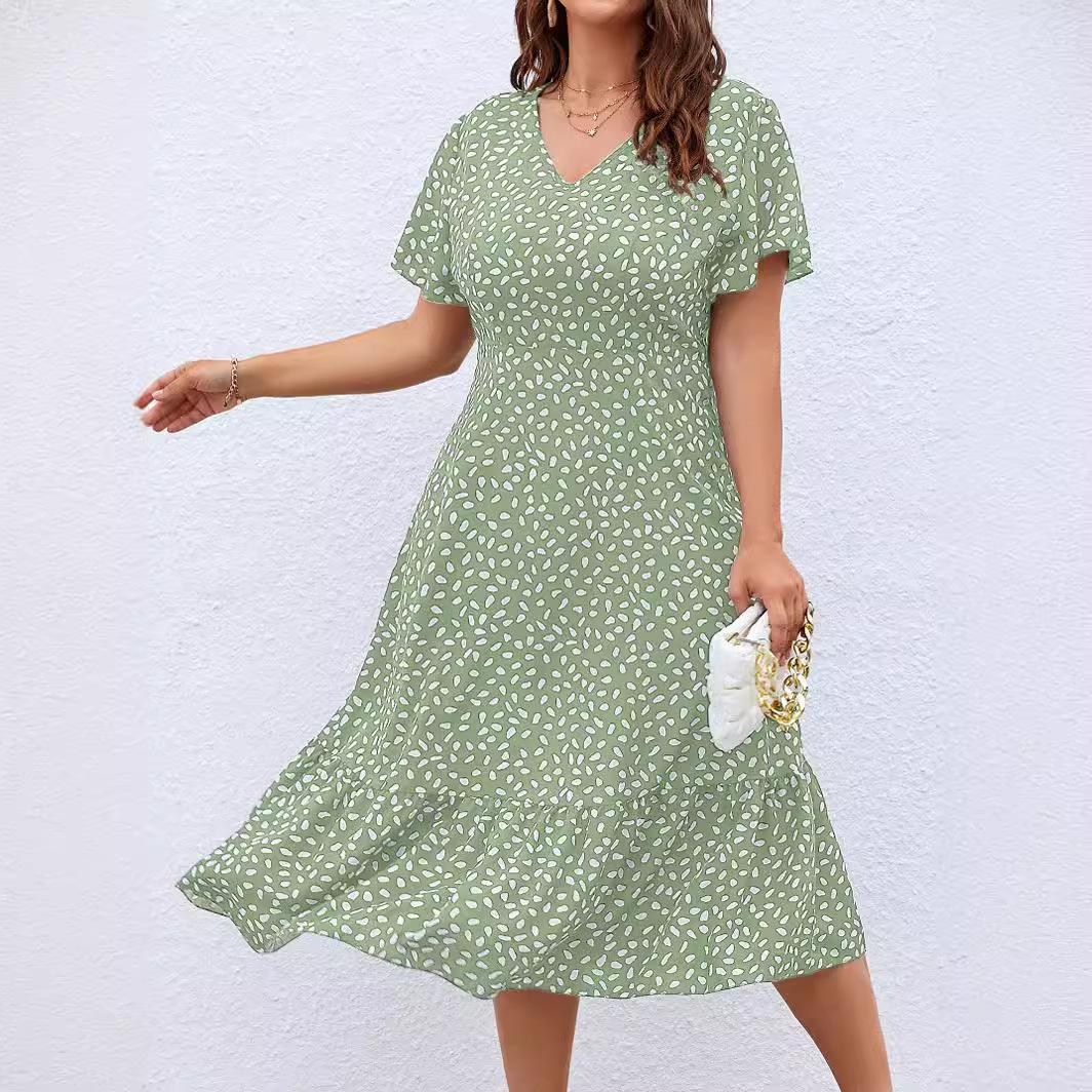 

GMXIA Женские модные летние весенние однотонные повседневные платья с короткими рукавами и v-образным вырезом с принтом L зелёный