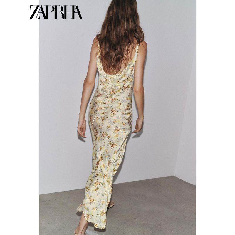 Zaprha 2025 Summer New Versitile Fashion Print Silk Satin Texture V-neck Backless Dress 3749846