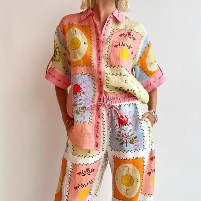 Summer Ladies Vacation 2-piece Casual Fashion Linen Shirt Collar Cardigan Long Suit