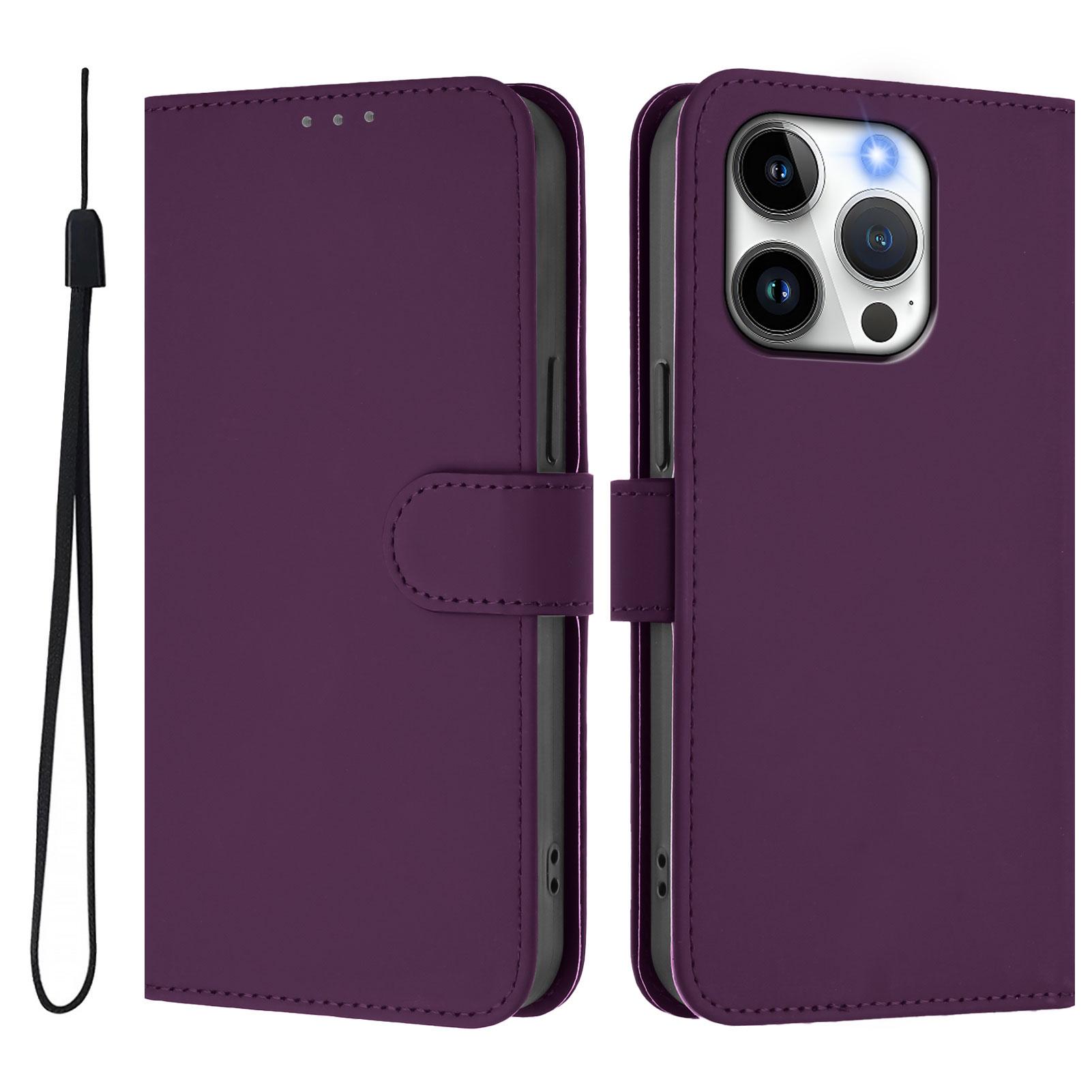 

For iPhone 15 Pro Case Solid Color Wallet Leather Phone Cover with Strap Violet